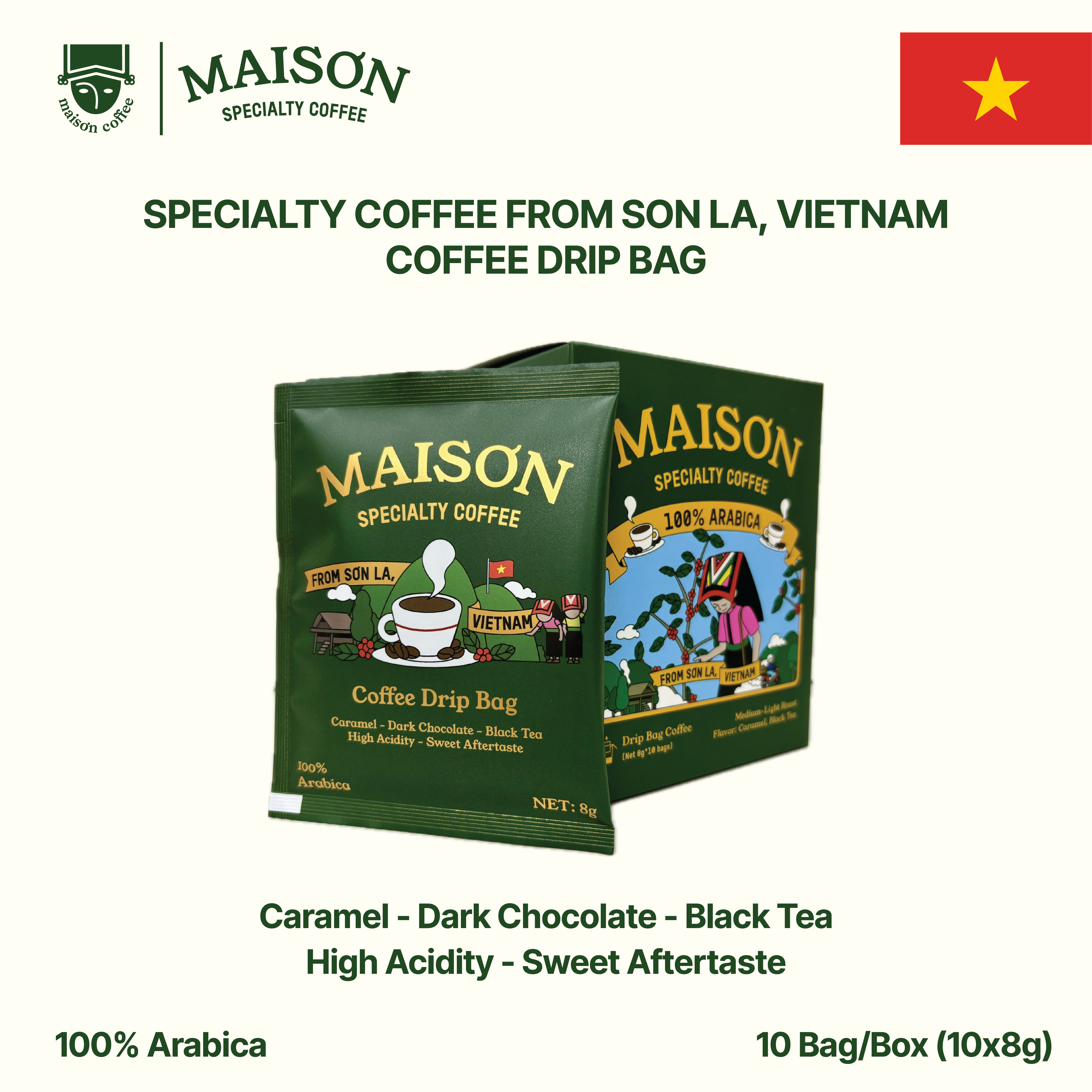 Box of 5 Maison Specialty drip coffee bags from Sơn La, Vietnam